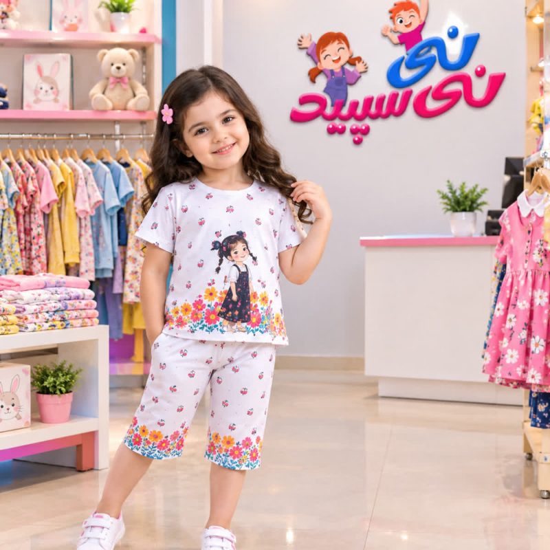تیشرت شلوارک دختر و گلها